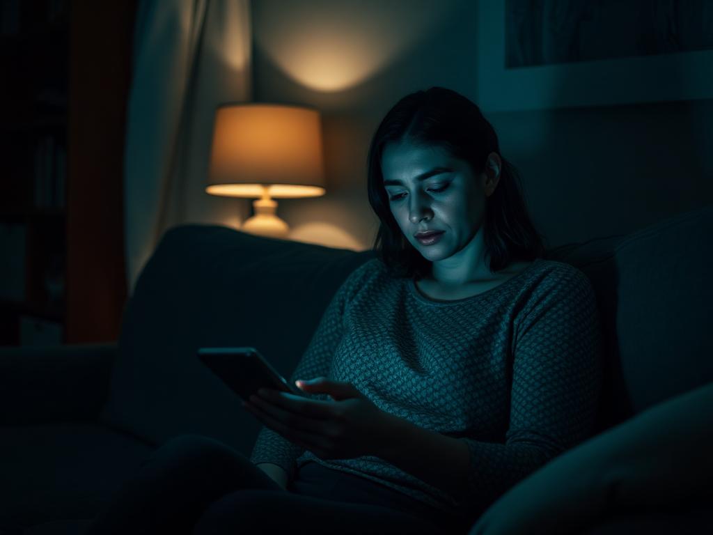 Mulher olhando o celular com expressão de desânimo